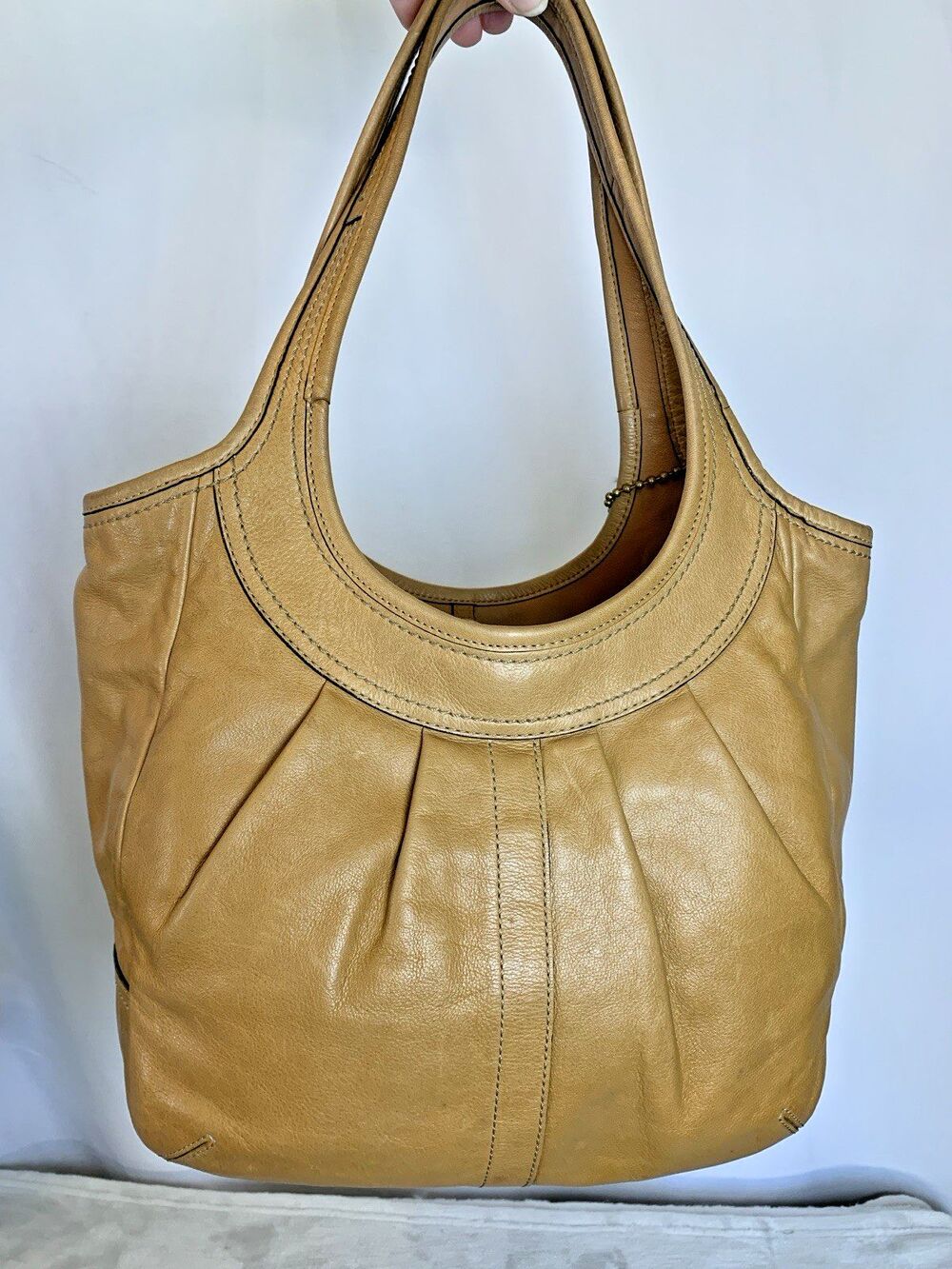Coach Pleated Ergo Tote #12240 Tan Leather Tattersall Lining 2008 Shoulder Bag - Picture 5 of 16